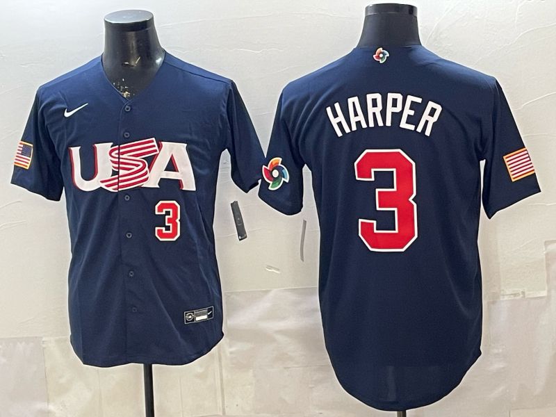 Men 2026 World Cub USA #3 Harper Blue Nike MLB Jersey style 005